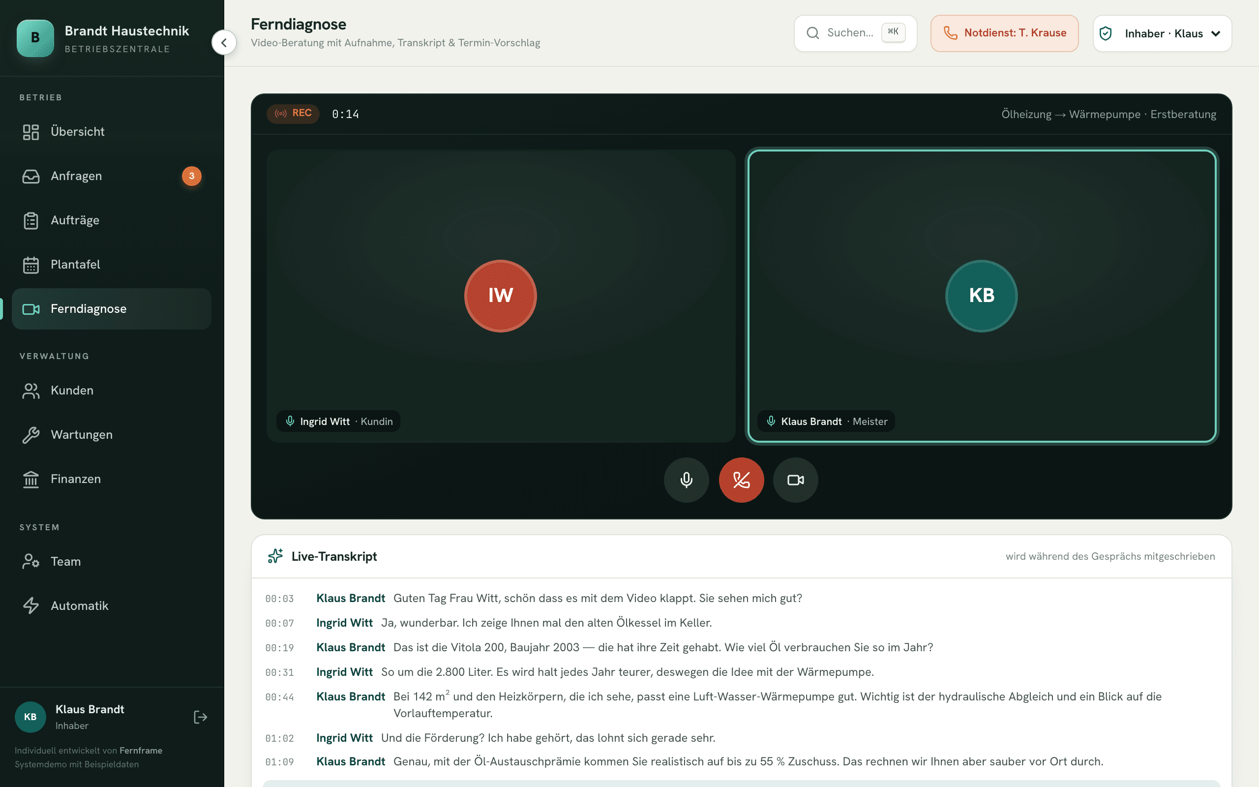 Modul Ferndiagnose: Video-Beratung mit Live-Transkript