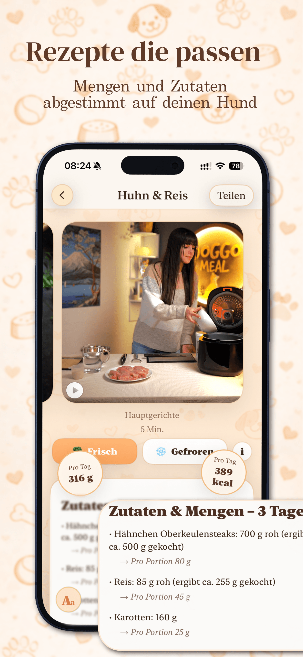 DoggoMeal App-Store-Slide mit Rezeptansicht, Mengen und Zutaten.