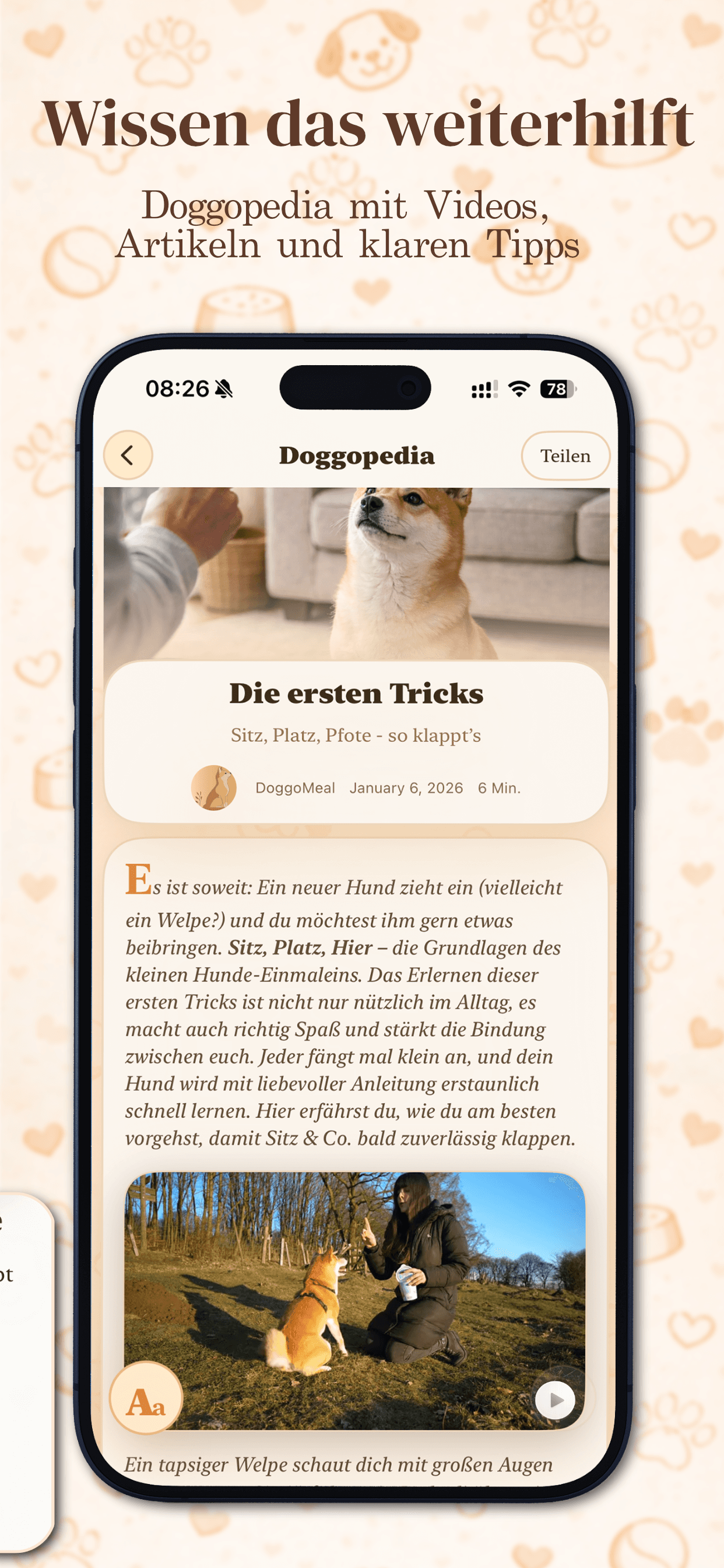 DoggoMeal App-Store-Slide mit Doggopedia-Artikel und Video.