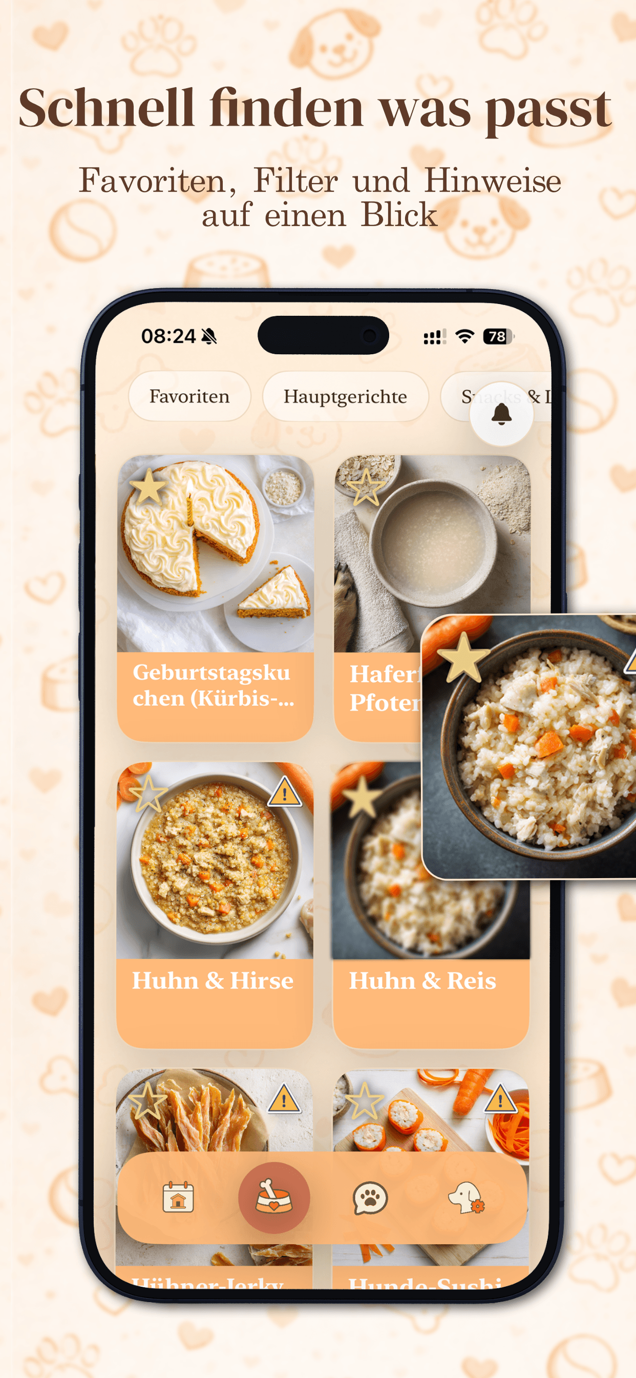 DoggoMeal App-Store-Slide mit Filteransicht fuer passende Rezepte.