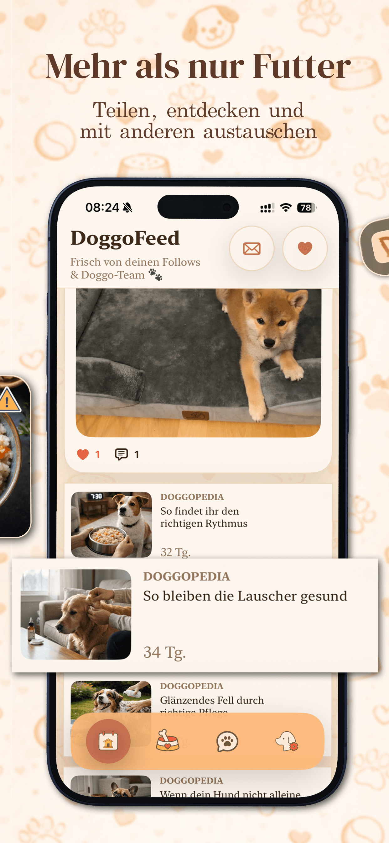 DoggoMeal App-Store-Slide mit DoggoFeed und Community-Inhalten.