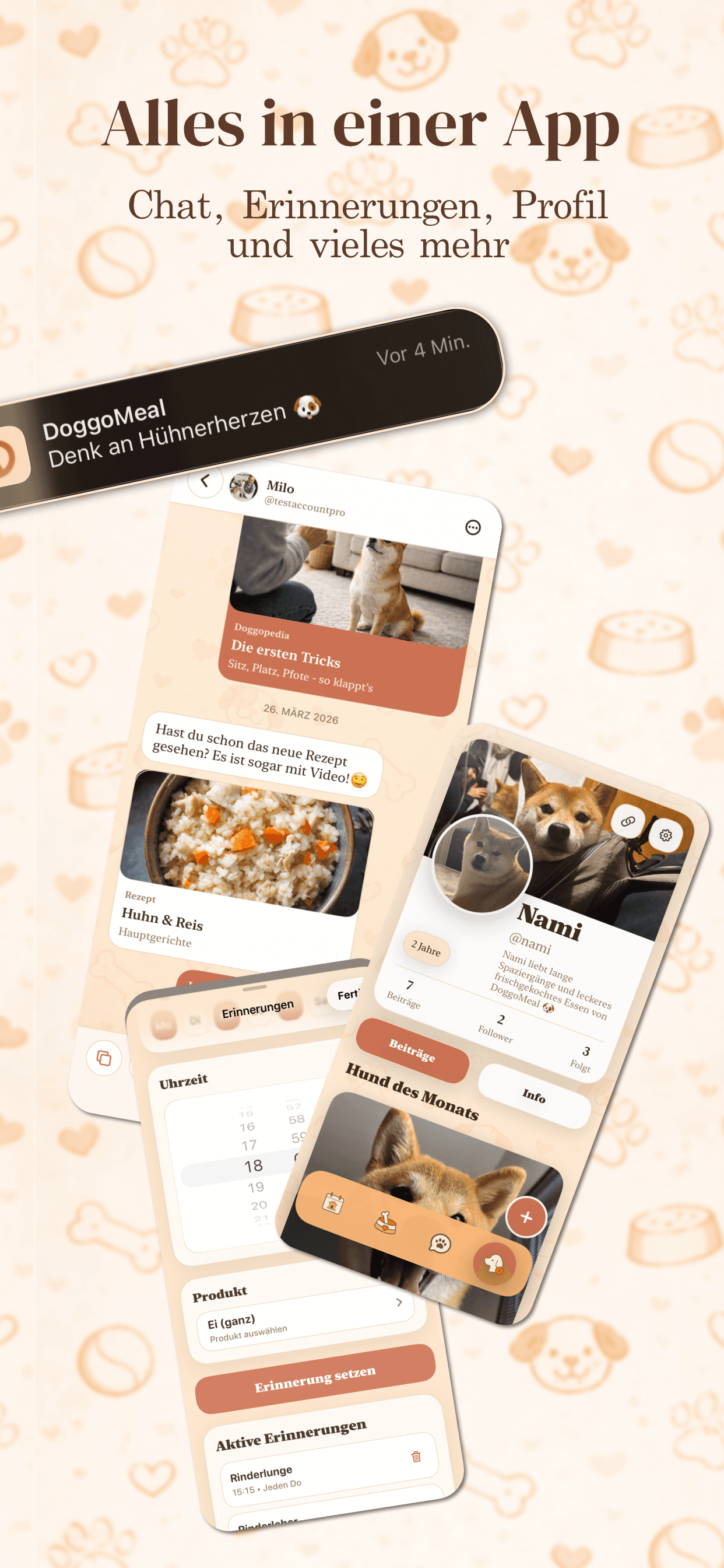 DoggoMeal App-Store-Slide mit Chat, Profil und Erinnerungen.