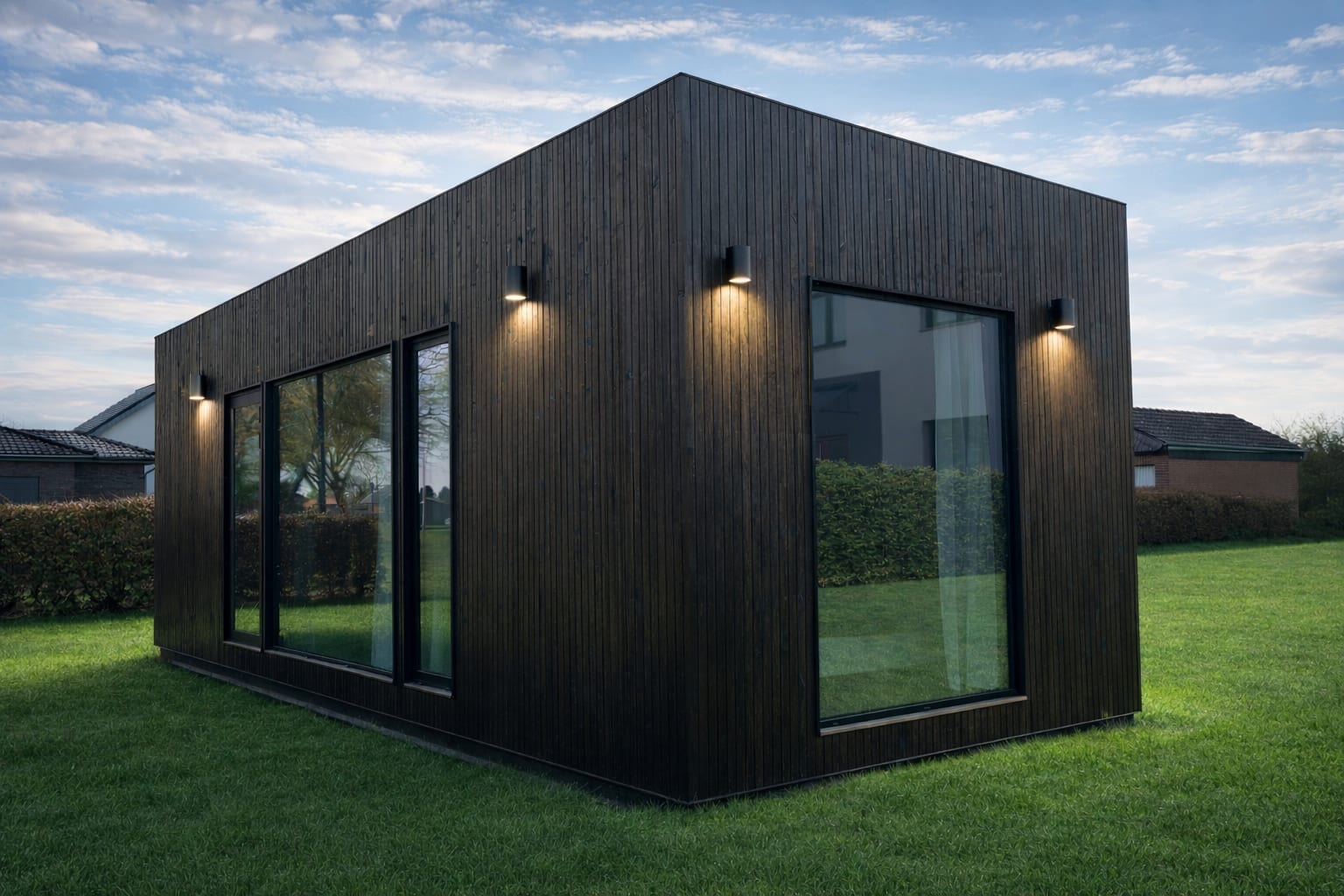 Pølarnest Tiny House mit schwarzer Thermo-Kiefer-Fassade in nordischer Landschaft